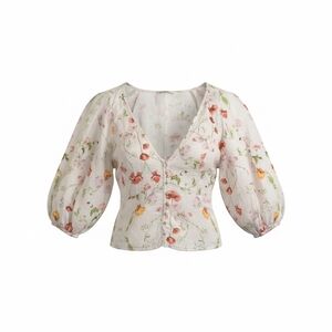 H&M Floral Linen Blouse with Puff Sleeves